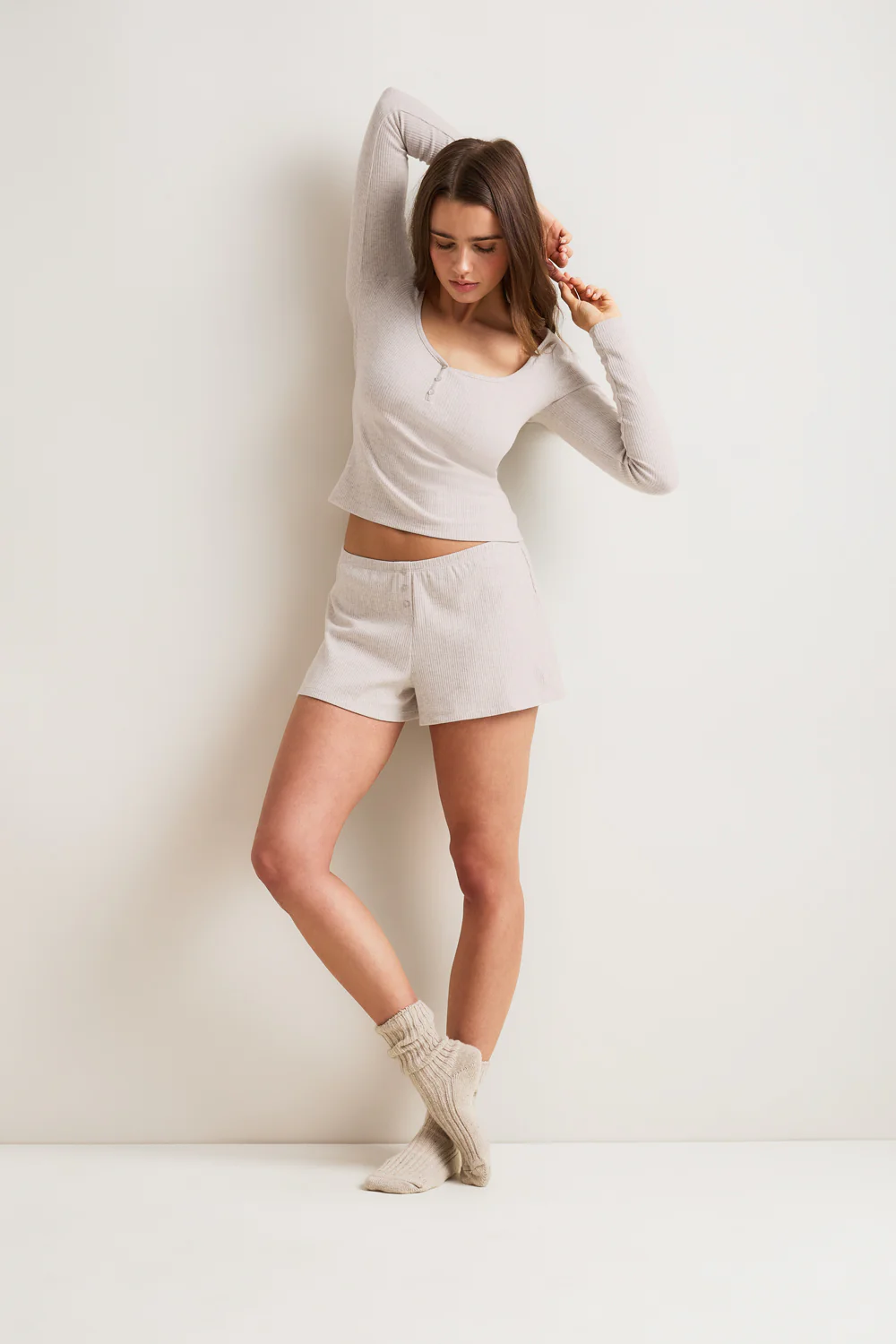 Button Pyjama Shorts - Oat Marl - Image 4