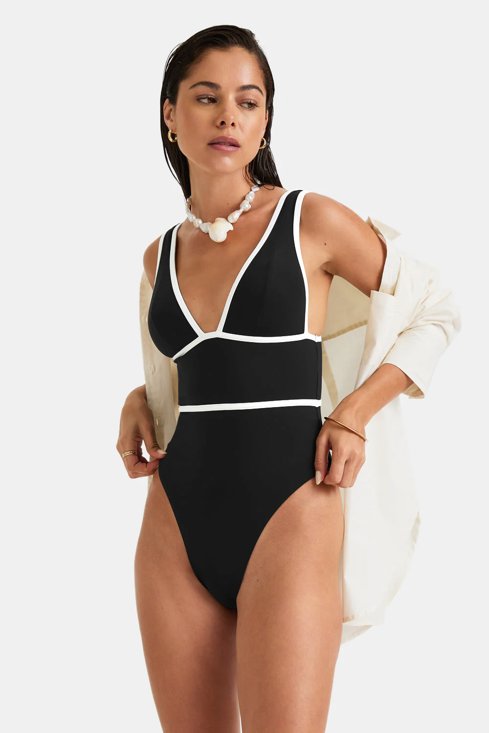 Contrast Plunge Swimsuit - Shadow Black - Image 3