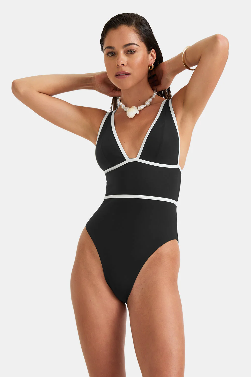 Contrast Plunge Swimsuit - Shadow Black - Image 7