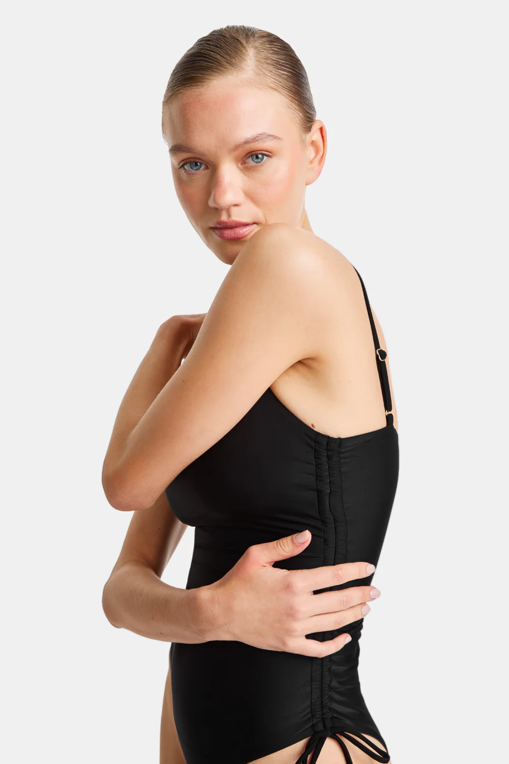 Ruched Adjustable Tie Side Shaping Swimsuit - Blank Onyx - Image 9