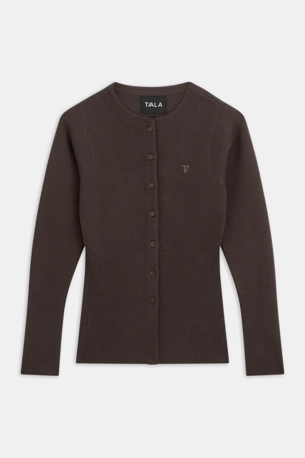Knit-Waisted Crew Neck Cardigan - Americano - Image 2