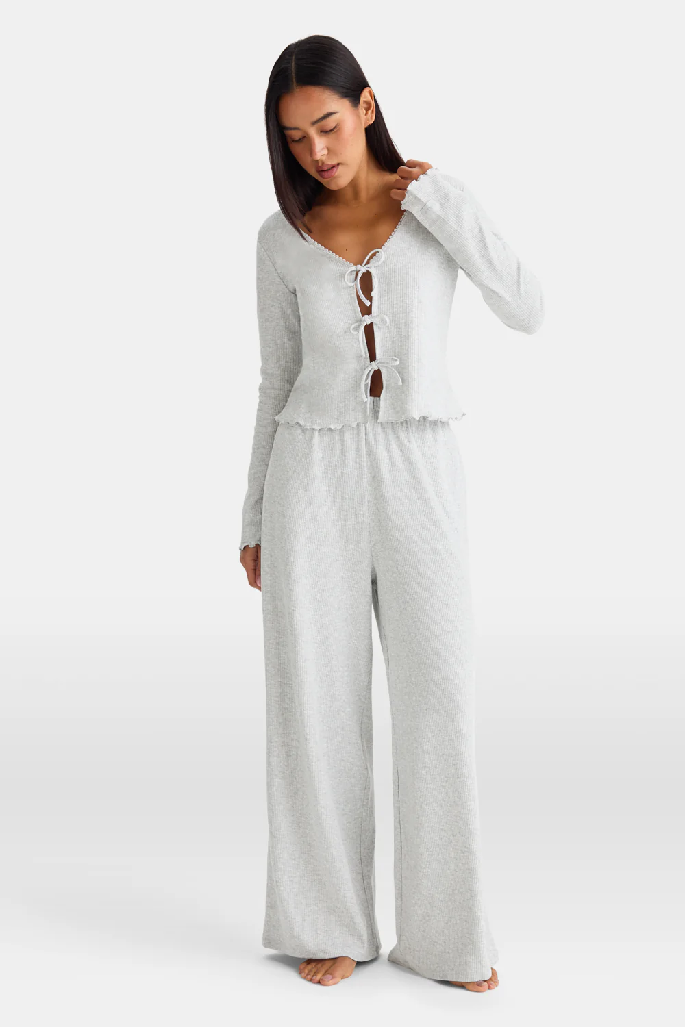 Wide Leg Pyjama Bottoms - Grey Marl - Image 3