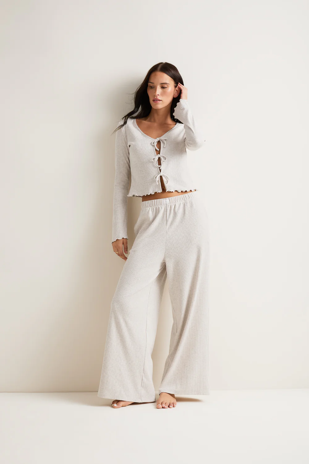 Tie Up Pyjama Cardigan - Oat Marl - Image 5